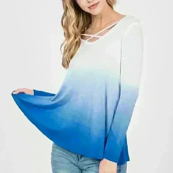 Royal Blue Ombre Crisscross Neck Top - Picture 3 of 3